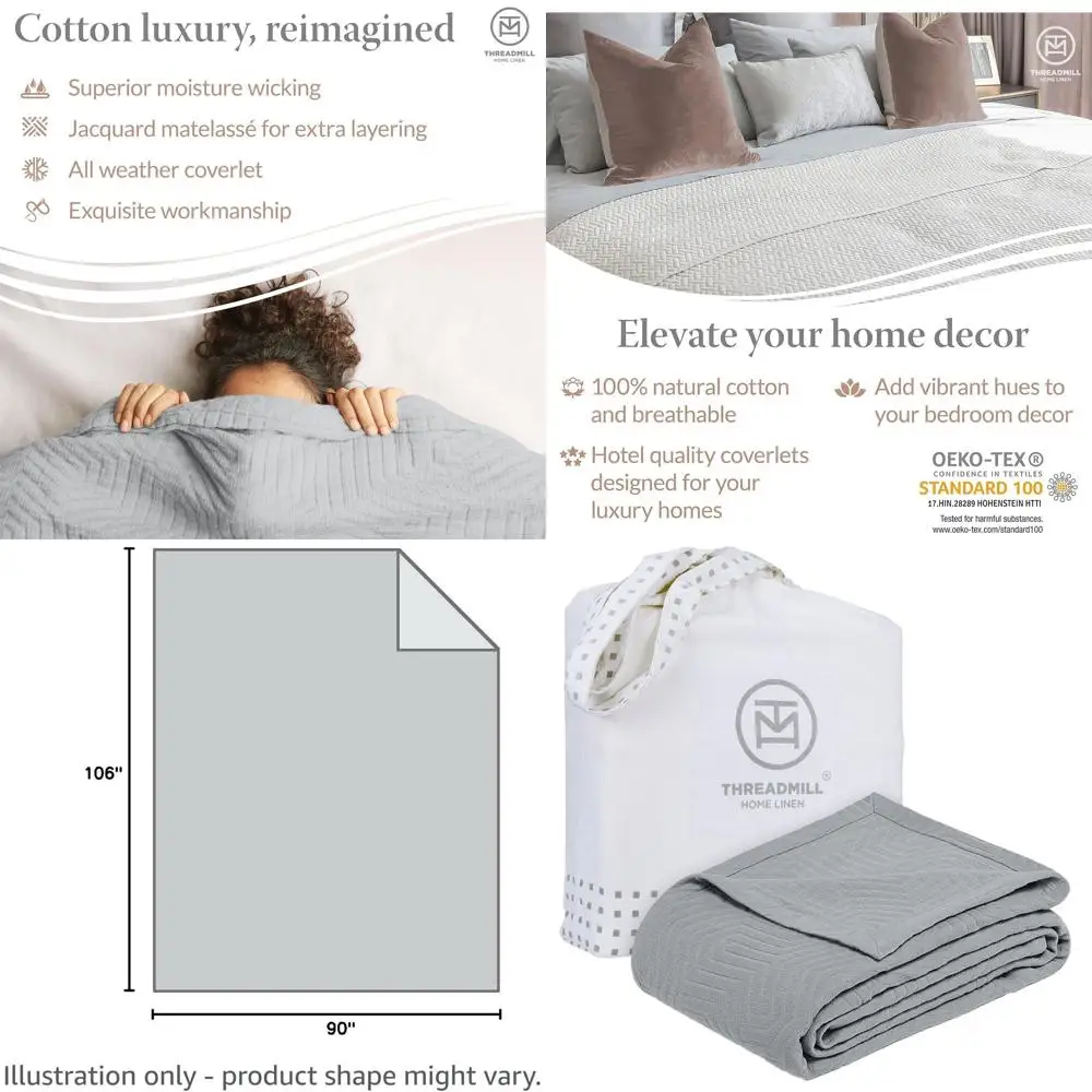 

Cozy 100% Cotton All-Season Blanket for King Bed, Lightweight Jacquard Coverlet, 104x92 inches, Scottish Grey