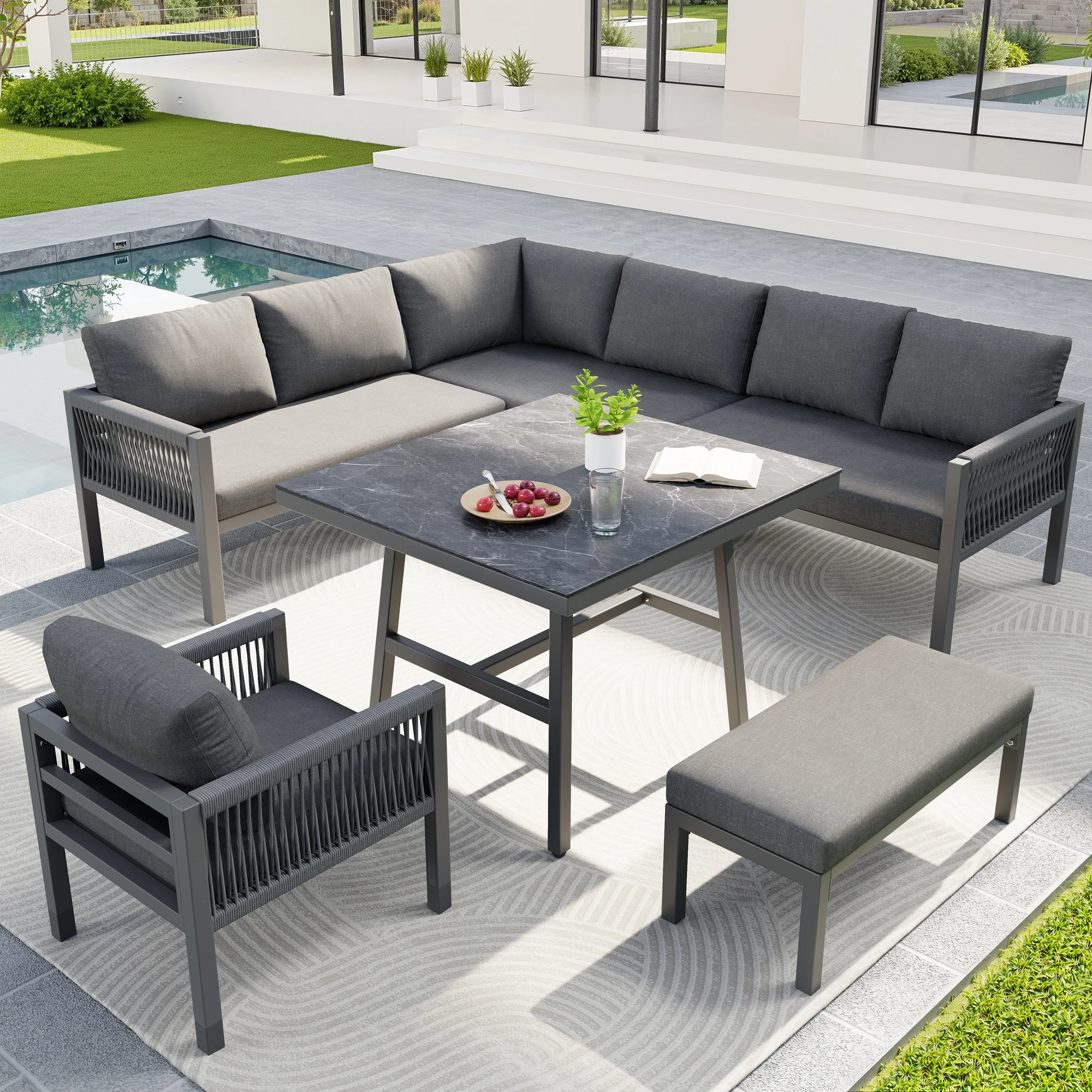 HAUSS Mobilier de jardin 8 places - canapé en L, fauteuils, table en verre imitation bois, coussins gris, résistant aux intempéries
