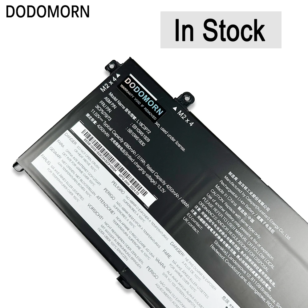 DODOMORN-Bateria do portátil para Lenovo, ThinkPad T490, T495, P43S, TP00103, L18C3P71, L18M3P73, SB10T83122, 02DL007, 5B10W13877, 51Wh, L18C3P72