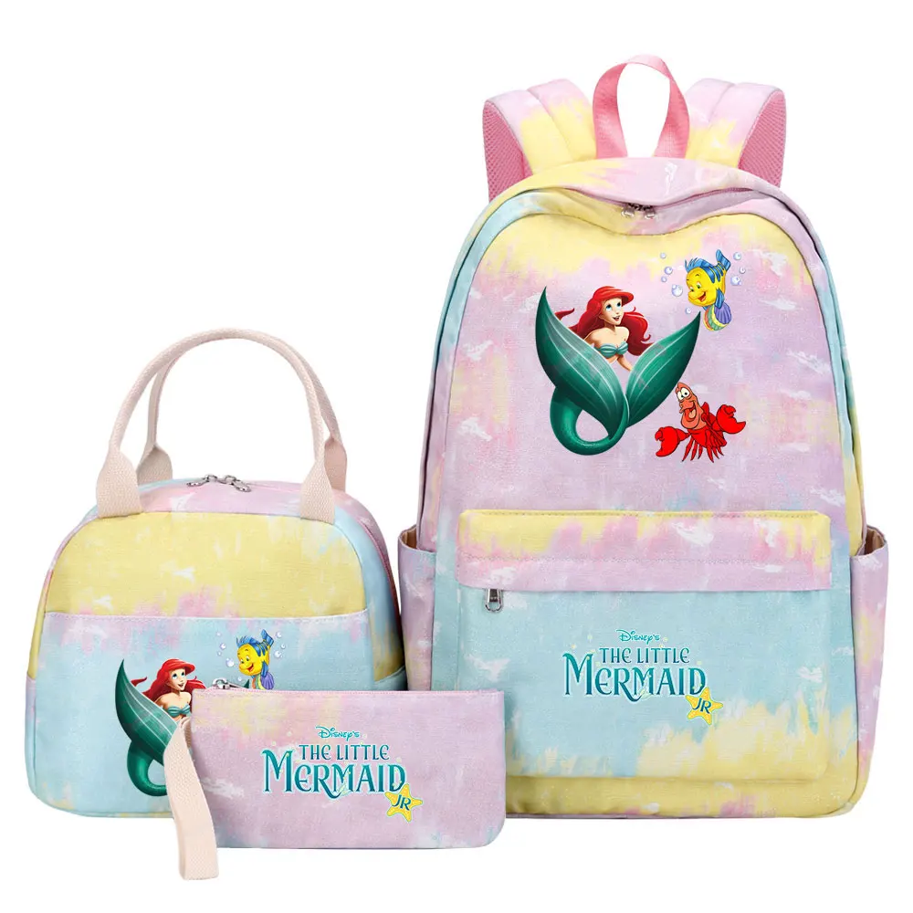 Ariel princess The Little Mermaid Rainbow Backpack Girls Kids Pen Lunch Bags Bookbags 3 Pcs