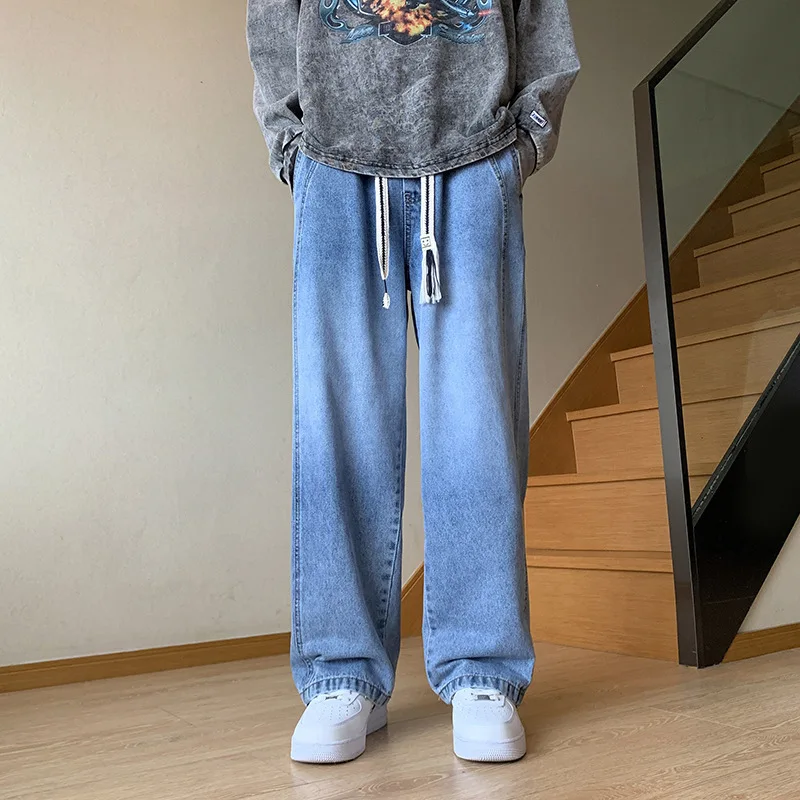 Baggy Jeans Men's Casual Pants Elastic Waist Denim Pants Straight Jogging Pants Men's Washed Jeans Black Wide Leg Jeans