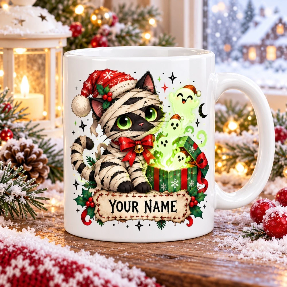 2D Flat Printing 1pc 11oz Custom Name Christmas Mummy Black Cat Mug, Christmas Home Gift For Cat Lover, Hand Wash Only