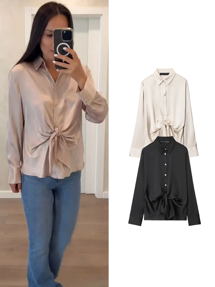 TFMLN frauen Langarm Blusen Mode Vorne Krawatte Design Einreiher Weibliche Shirts Chic Neue Elegante Dünne Hemd Tops