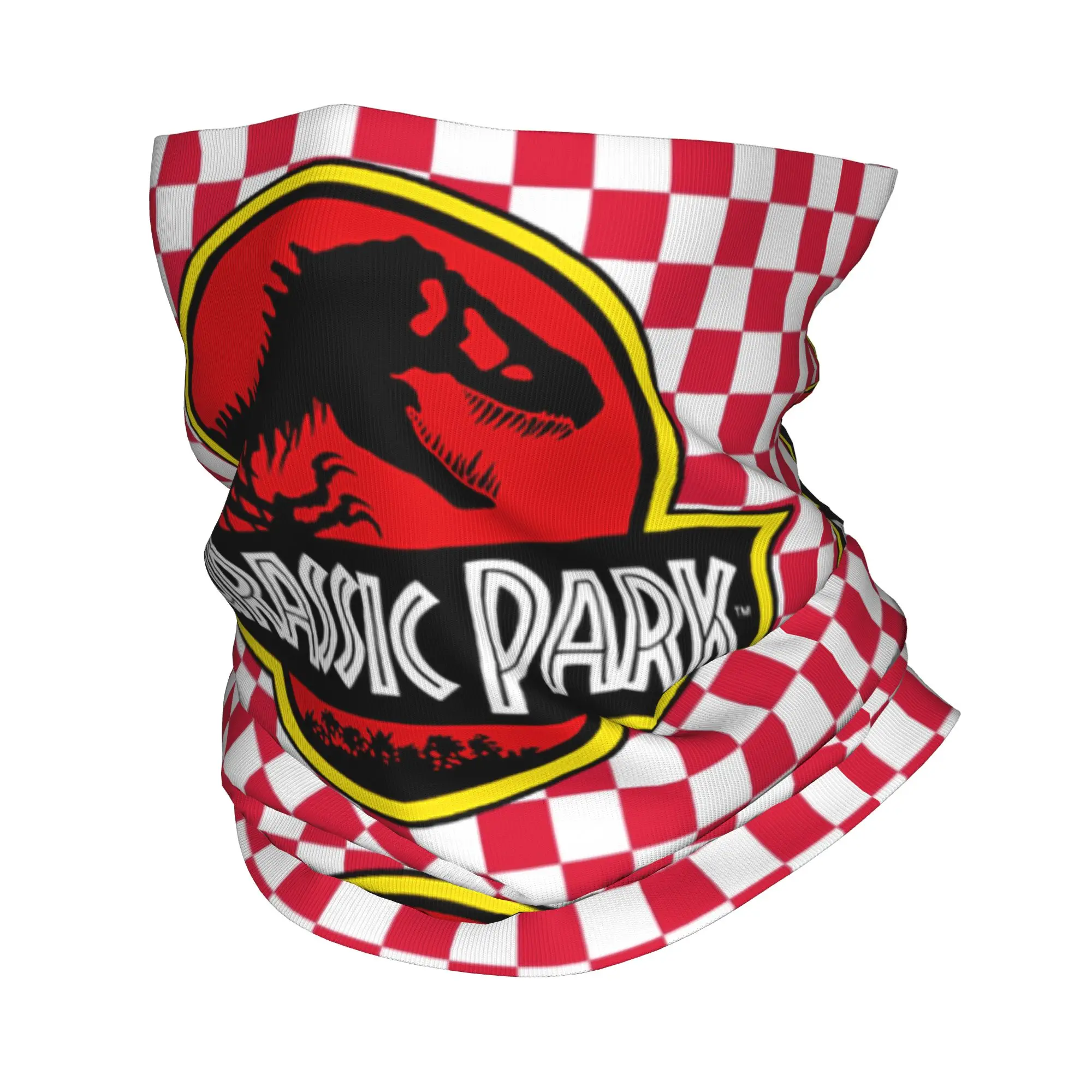 Jurassic Park'ES Bandana de tablero de ajedrez roja carmesí blanca, calentador de cuello, bufanda envolvente para la cara para esquí, diadema de polaina geométrica a cuadros