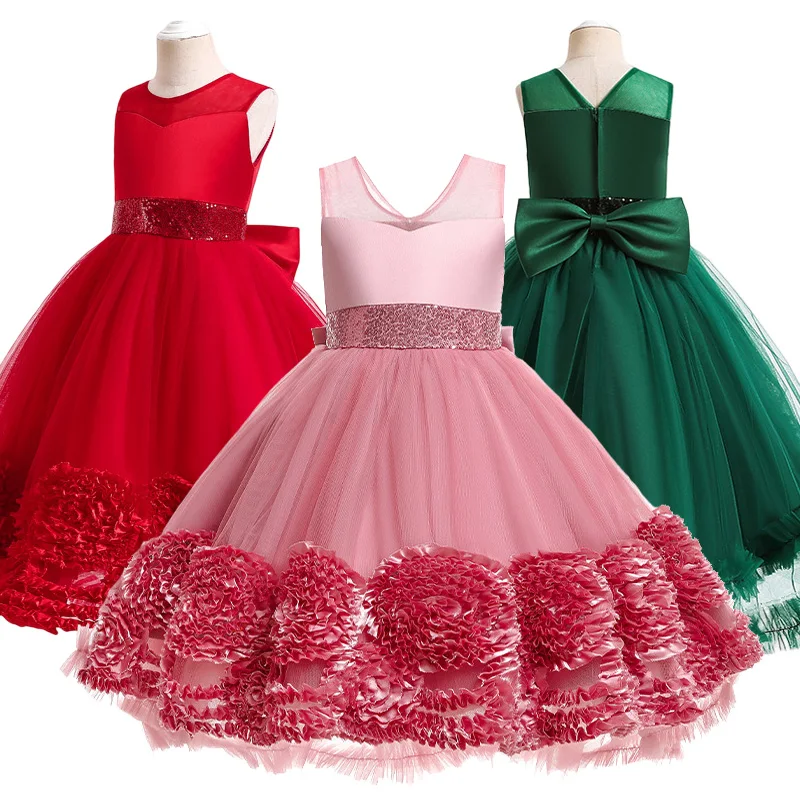 2023 Summer Pink Red Green Girl's Princess Party Dress Birthday Ceremonies Asymmetrical Tulle Casual Ball Gown 5-14 Year Old