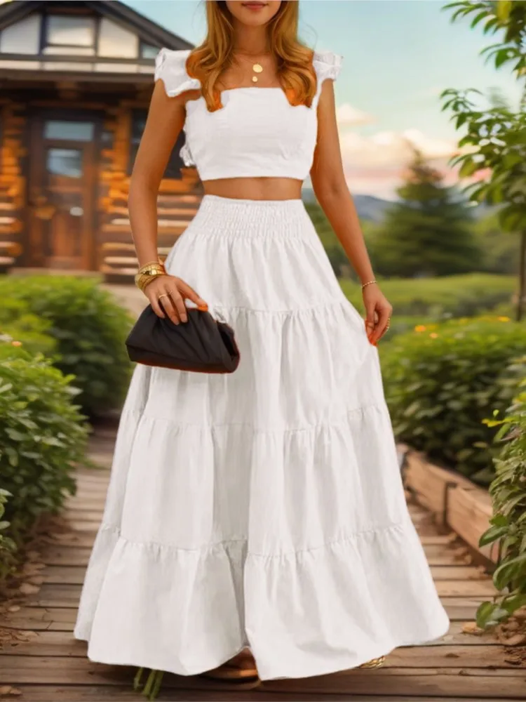 Y2k Two Piece Set Woman Clothing Spring/Summer New Elegant Sexy Collage Sleeveless Top and Longuette Skirt Suits Female 2Pcs Set