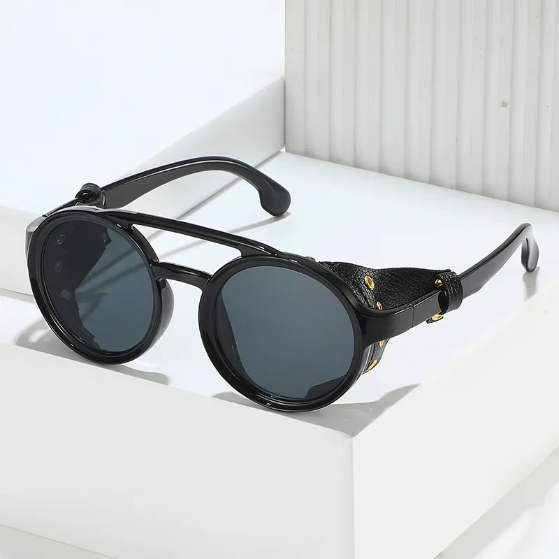 Retro Anti-UV Sunglasses Men Women Leather Round Glasses Vintage Goggles Anti Wind Outdoors Sports Eyewear UV400 - view 3