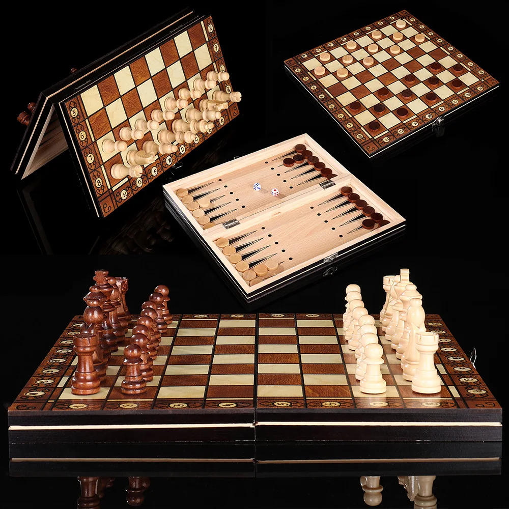 24-49CM Scacchi pieghevole Checker Backgammon Set 3 in 1 Tavola di legno per giochi da tavolo intellettuali