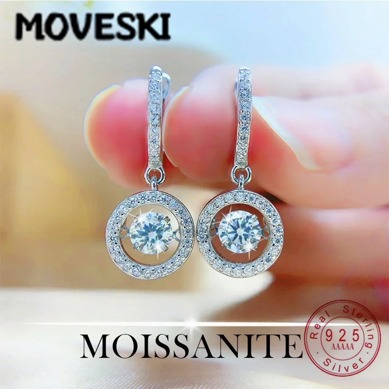 

Серьги-подвески MOVESKI из стерлингового серебра 925 пробы с танцующими муассанитами | Серьги-подвески с круглыми камнями 0.5CT и 1CT в оправе Halo для женщин, свадебные украшения