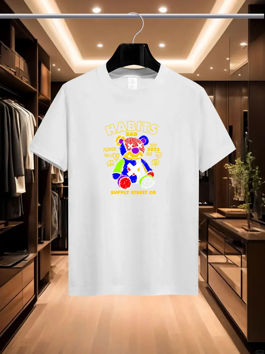 

2025 Summer Men's Luxurious and fashionable cartoon Bear brand printed T-shirt, pure cotton round neck, casual and trendy Y2K