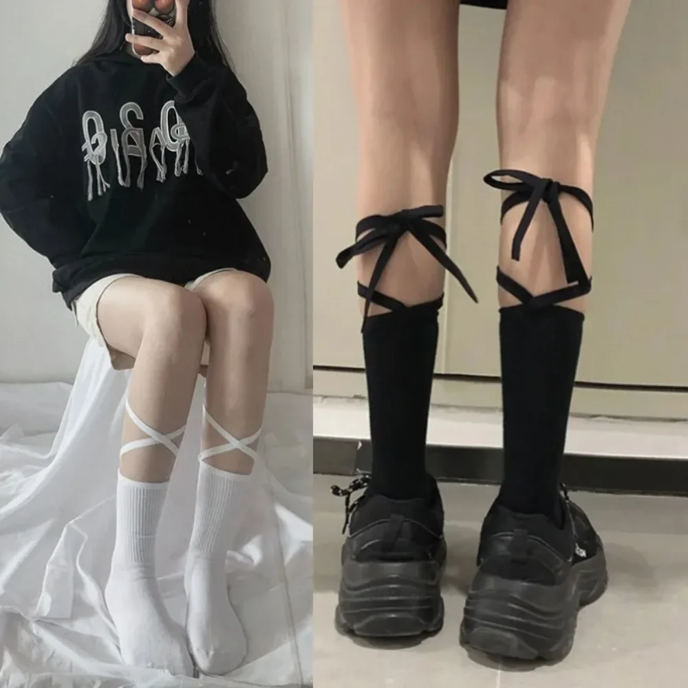 Ladies Tide Socks Korean Japanese Version Cross Black Bow Tie Leggings Middle Tube Sock Calf Summer Thin Kawaii Stockings Носки