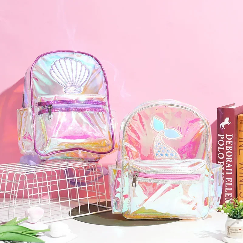 Kids Transparent Backpack Adjustable Shoulder Strap Waterproof Mermaid Fishtail Shell Girls Teenage School Book Bag Stationery