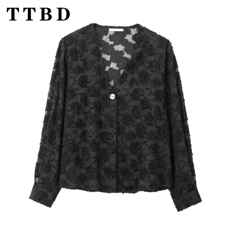 TTBD 2024 Autumn New Woman's Fashion Gold Button Shirt Top Casual Female Black Long Sleeve Single-breasted Regular Fit V-Collar