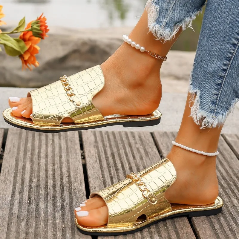 Big Size 36-43 Summer Gold Metal Chain Slippers Women’s Flat Luxury Outdoor Beach Flip Flop Female Sandals Trend Slides Shoes