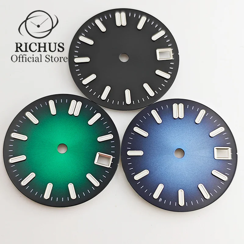 RICHUS 29mm black blue green silver watch dial luminous fit NH35 movement fit 3 o'clock crown 3.8 o'clock crown