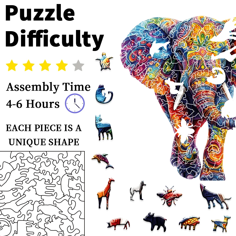 „Elefant Holzpuzzle |   Unregelmäßige Formen und gemischte Farben • Familien- und Partyspiel • Fokus-Trainingsspielzeug für Jungen und Mädchen • Perfekt