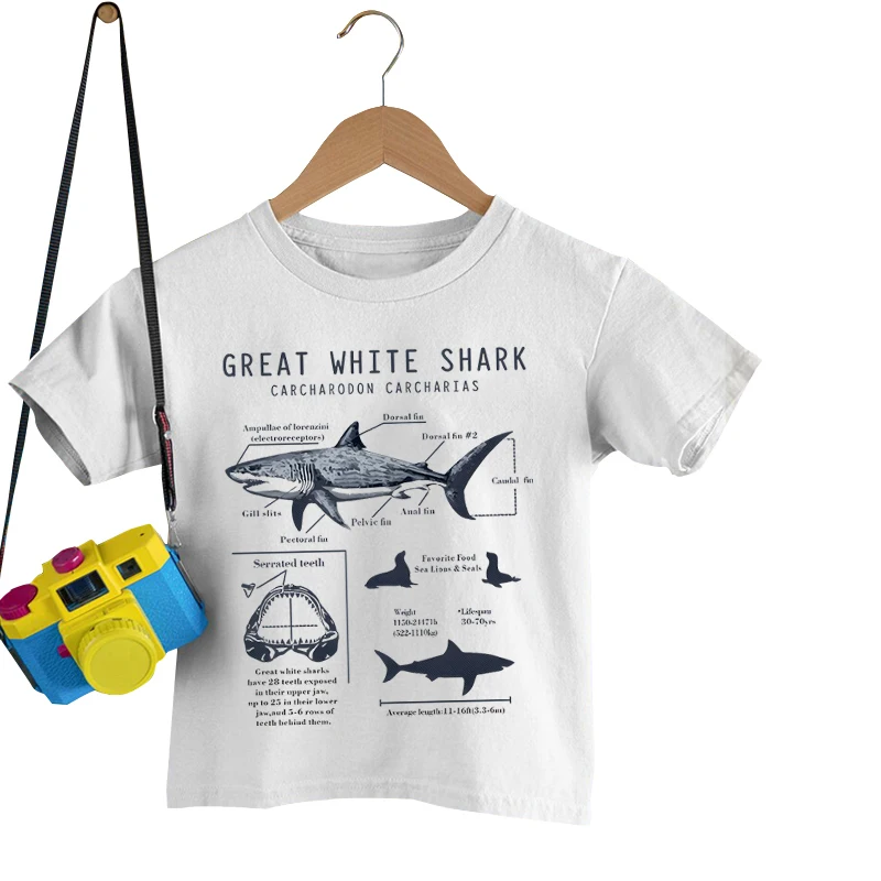 Great White Shark Print T-Shirts Summer Casual Short Sleeve T-Shirt With Slogan And Shark Print T-shirts For Children Boys