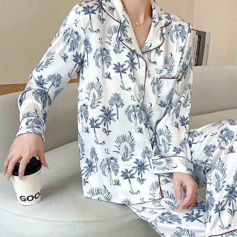 Pajamas Set Female Trouser Suits Ntimate Lingerie Sleepwear Spring Summer Satin Loungewear Nightwear Loose Print Home Clothes