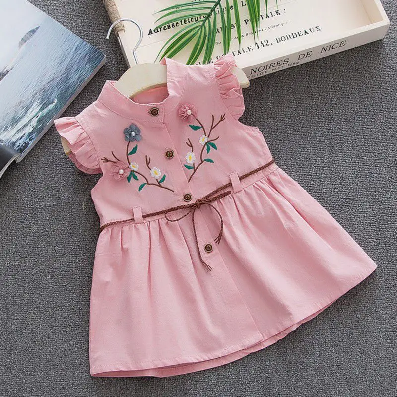 Baby Girl Peach Blossom Embroidery Sundress Summer Princess Sleeveless Skirt New Print Vintage Style Round Neck Girl Dress