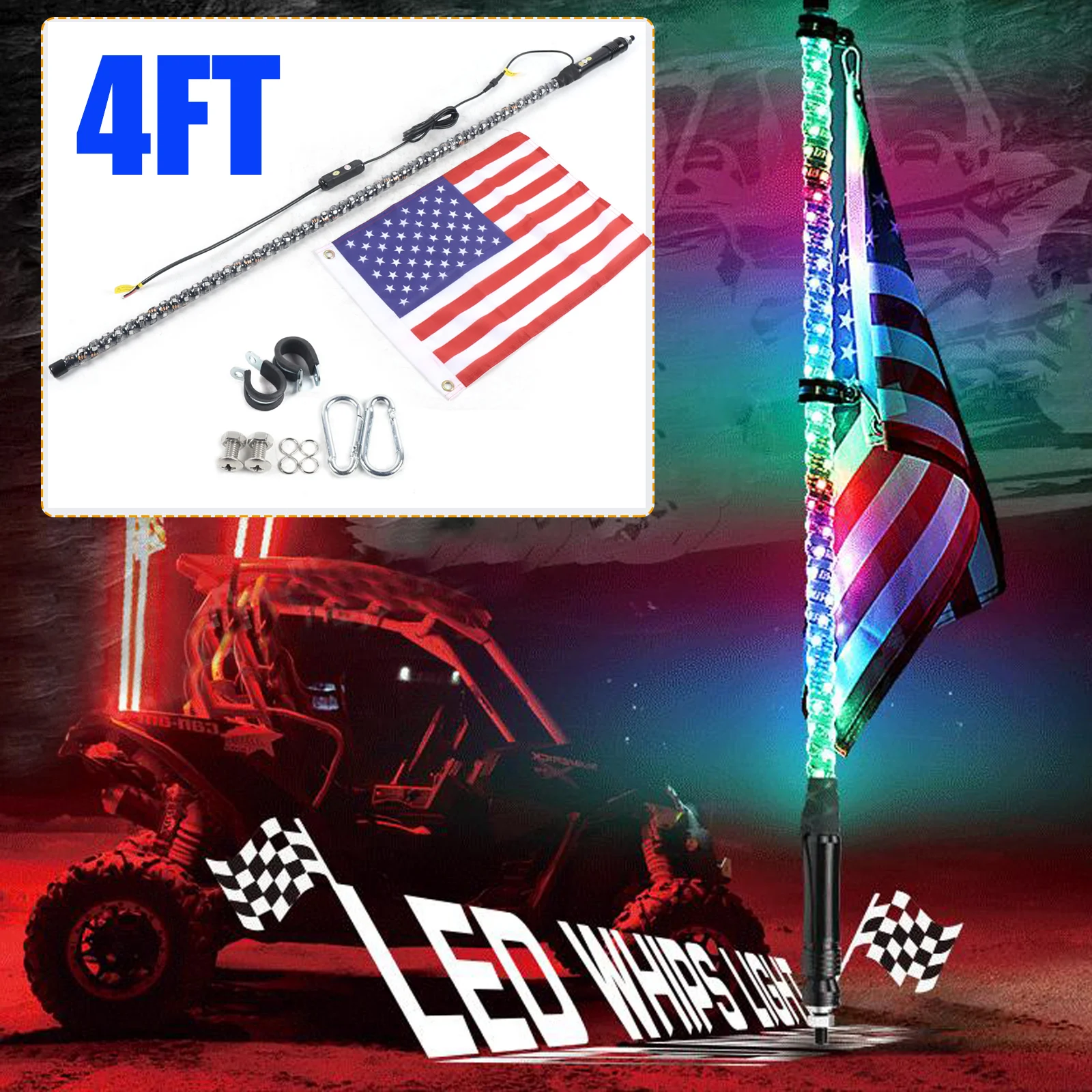 4ft LED Whip Light RGB Chasing Antena Polaris + Flag + Remote Control For ATV Polaris RZR UTV High-Quality Spiral Whip Light