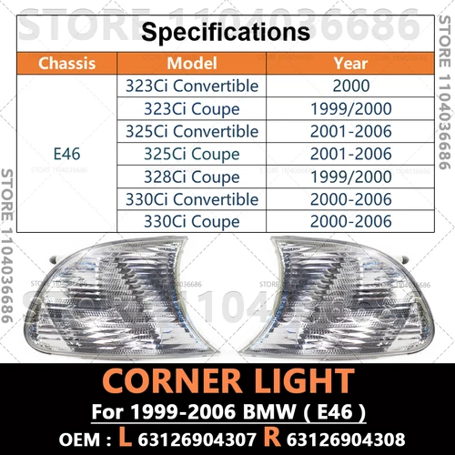 Imagen 2 del producto Para 1999-2006 BMW 323Ci 325Ci 328Ci 330Ci (E46) marcador de giro intermitente lámpara de luz de estacionamiento de esquina 63126904307 63126904308
