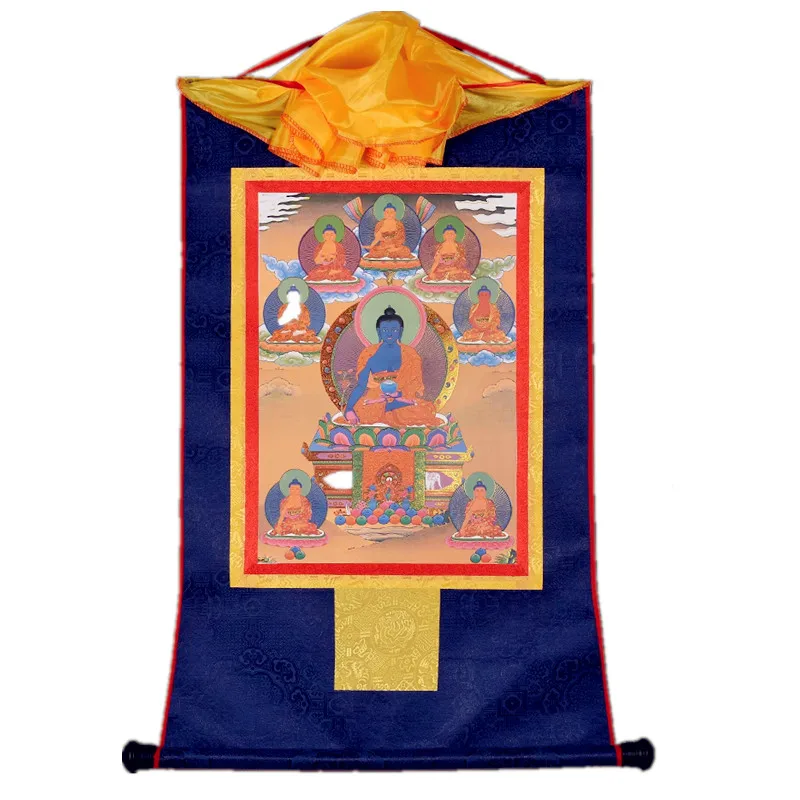 Exquisite Tibetan Vajrayana Thangka - Gilded Medicine Buddha & Eight Divine Healers with Embossed Gold Temple/Meditation Decor