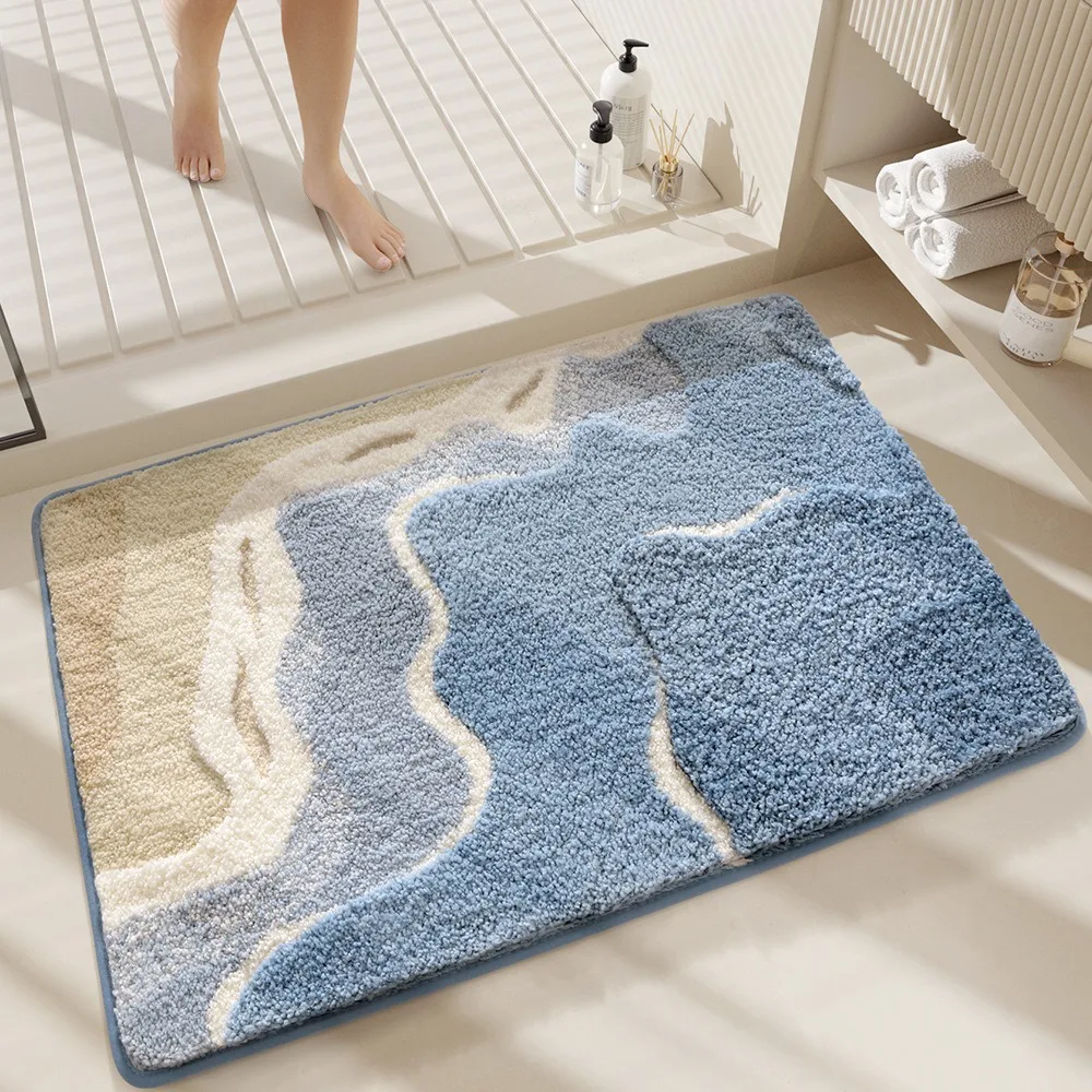 Seaside Footprint Pattern Faux Cashmere Floor Mat Absorbent, Non Slip Rug for Bathroom Entrances and Restrooms