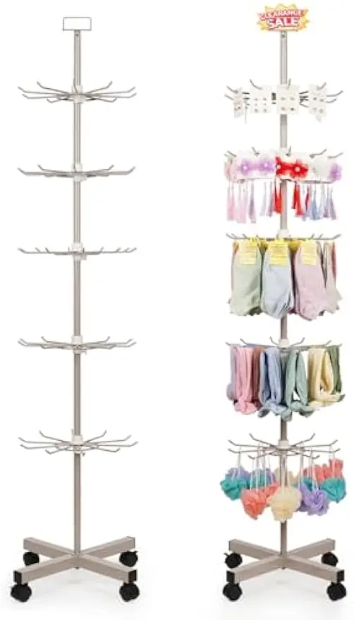

5-Tier Metal Spinning Display Rack with Wheels and Hooks for Jewelry, Keychains, Hats in Malls and Stores (Grey)