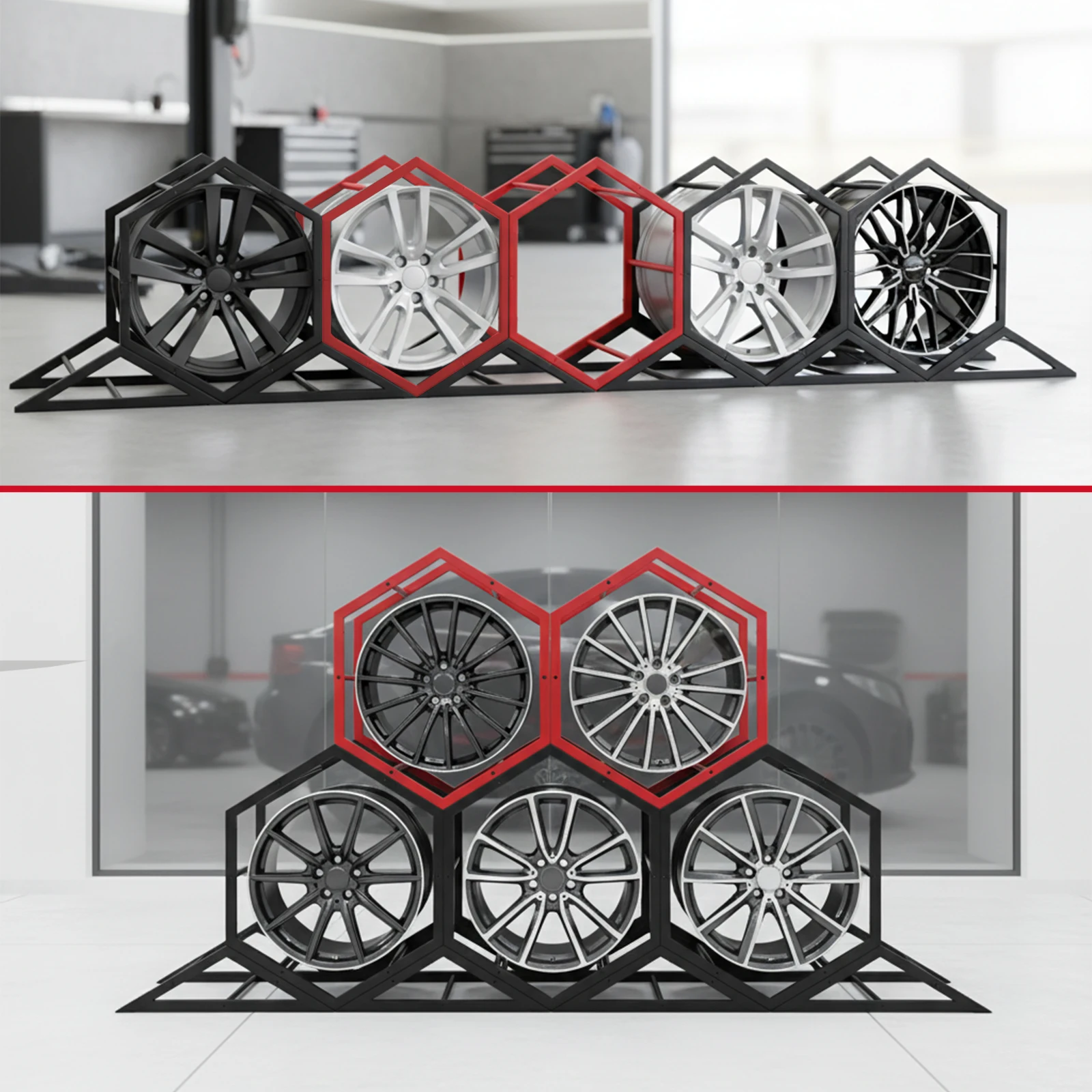 

Регулируемая настенная треугольная/шестиугольная подставка для демонстрации шин, сверхпрочный держатель для колес и дисков для использования внутри и вне помещений