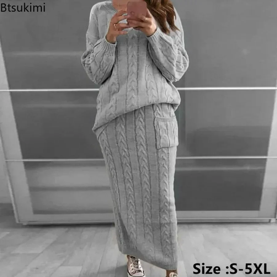 2024 Women's Knitted 2 Pieces Dress Sets for Winter Long Sleeve Pullovers Sweater Top+Knitted Skirts Suits Sets Warm Sets Female