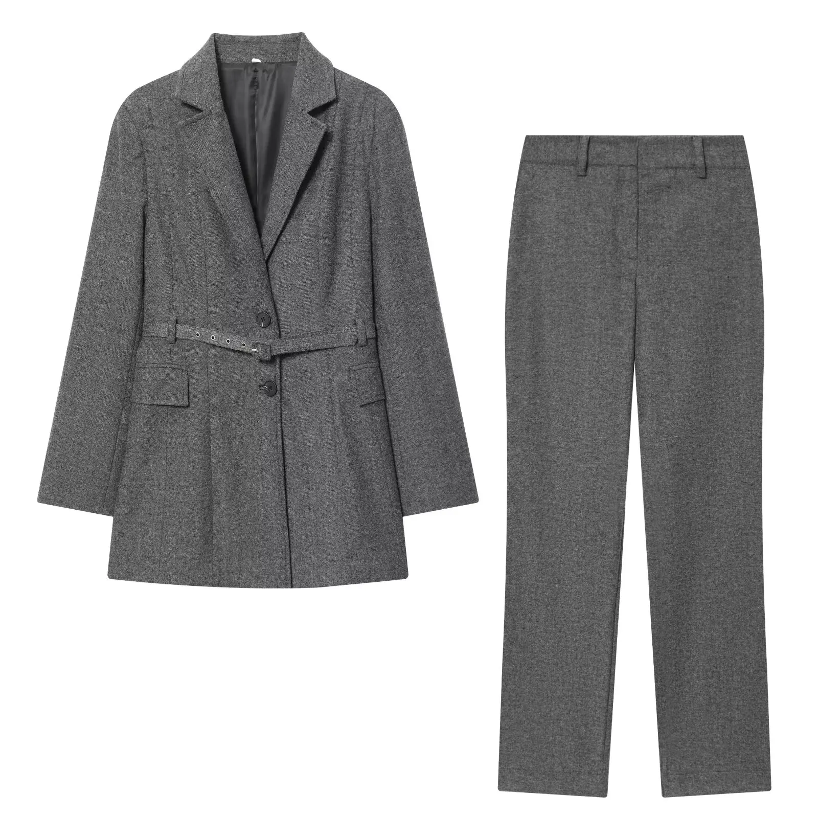 

Women Elegant Suit Straight-Leg Pants Set Or Female Solid Blazers Long Sleeves With Belt Jackets Or Lady Casual Suit Trousers