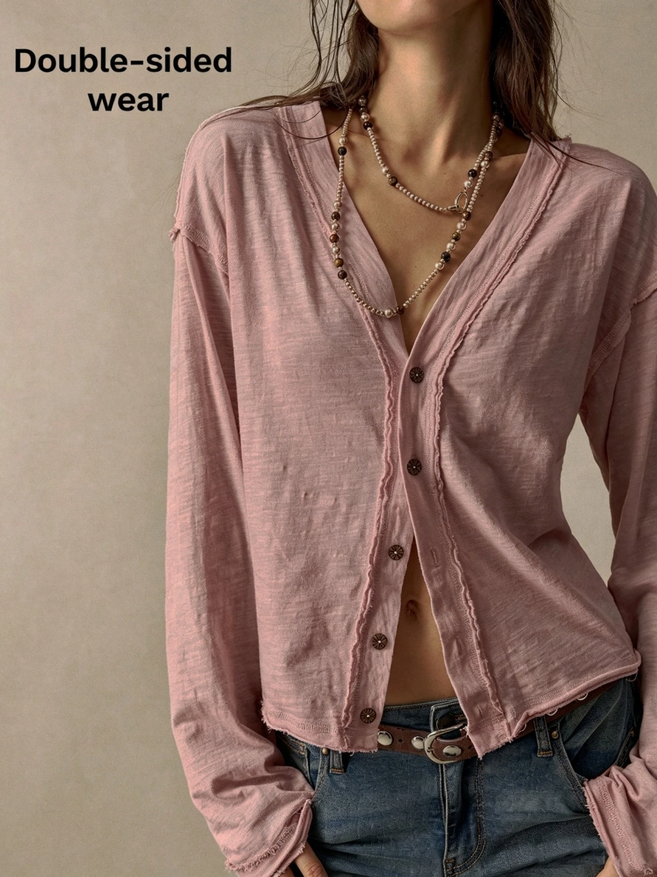Fashionable Double-Sided Wear Casual Loose Single-Button Long Sleeve T-Shirt Single-Breasted Top Wind New Style V-Neck Cotton...