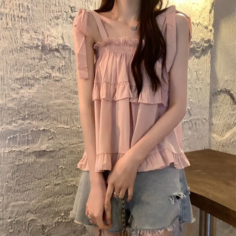 Women Summer Korean Fashion Loose Sleeveless Pleated Solid Color Appear Thin Camis Women Clothes Casual All-match Sweet Top Tee