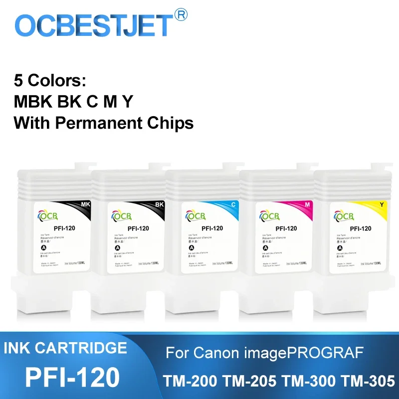 

PFI-120 PFI120 Refillable Ink Cartridge With Permanent Chips For Canon TM-200 TM200 TM-205 TM-300 TM-305 TM300 130ML 5Colors/Set