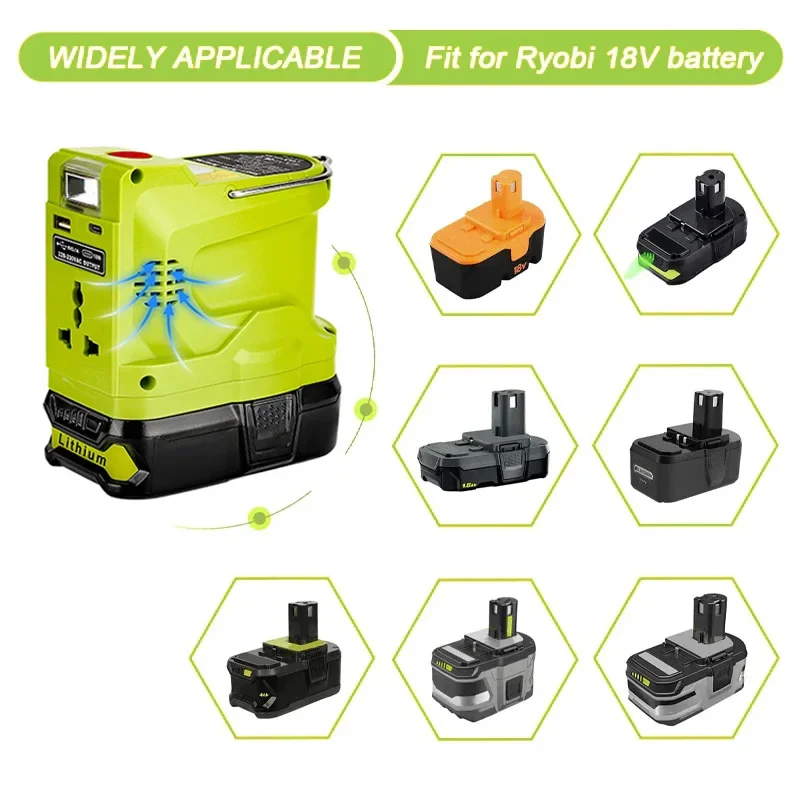 For Ryobi 18V Lithium Battery Outdoor Portable Inverter with 280LM LED Light,DC 18V To AC 120V 220V Modified Sine Wave Inverter