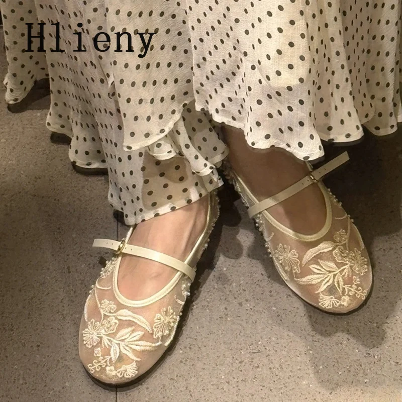 Hlieny Woman Design Embroidery Flowers Pearl Mesh Round Tor Buckle Strap Ballet Flats Loafers Ladies Mary Jane Shoe Mules Sandal image 5