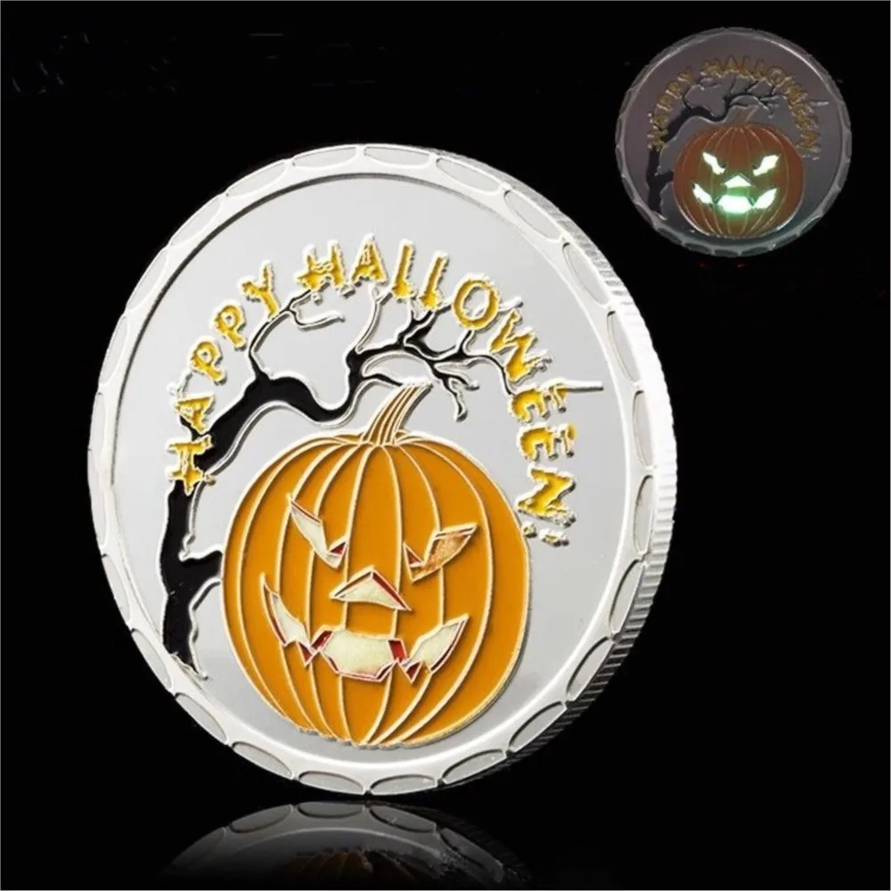 1 PCS Happy Halloween Pumpkin Commemorative Coin Mysterious Colorful Silver Coins Night Light Festival Souvenir Medallion Toys