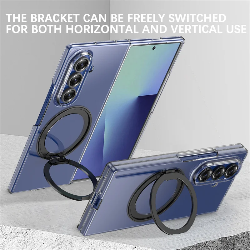 

360° Rotating Magnetic Holder Phone Case For Samsung Galaxy Z Fold 7 Magsafe Wireless Charging Transparent Hard Shockproof Cover