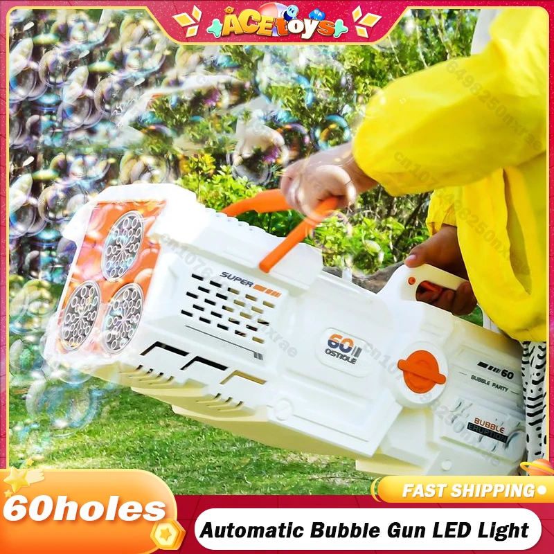 60 Holes Bubble Gun Electric Automatic LED Light Rocket Soap Bubbles Magic Machine Outdoor Bath Party Toy Children's Day Gifts