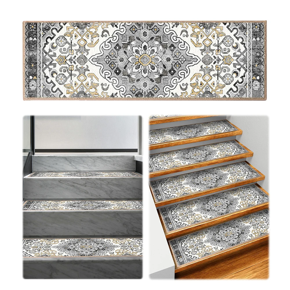 15PCS Carpet Stair Treads Set Self-adhesive Backing Non Slip Indoor Stair Rugs Reusable Safety Mats Bohemian Stairway Carpet Rug