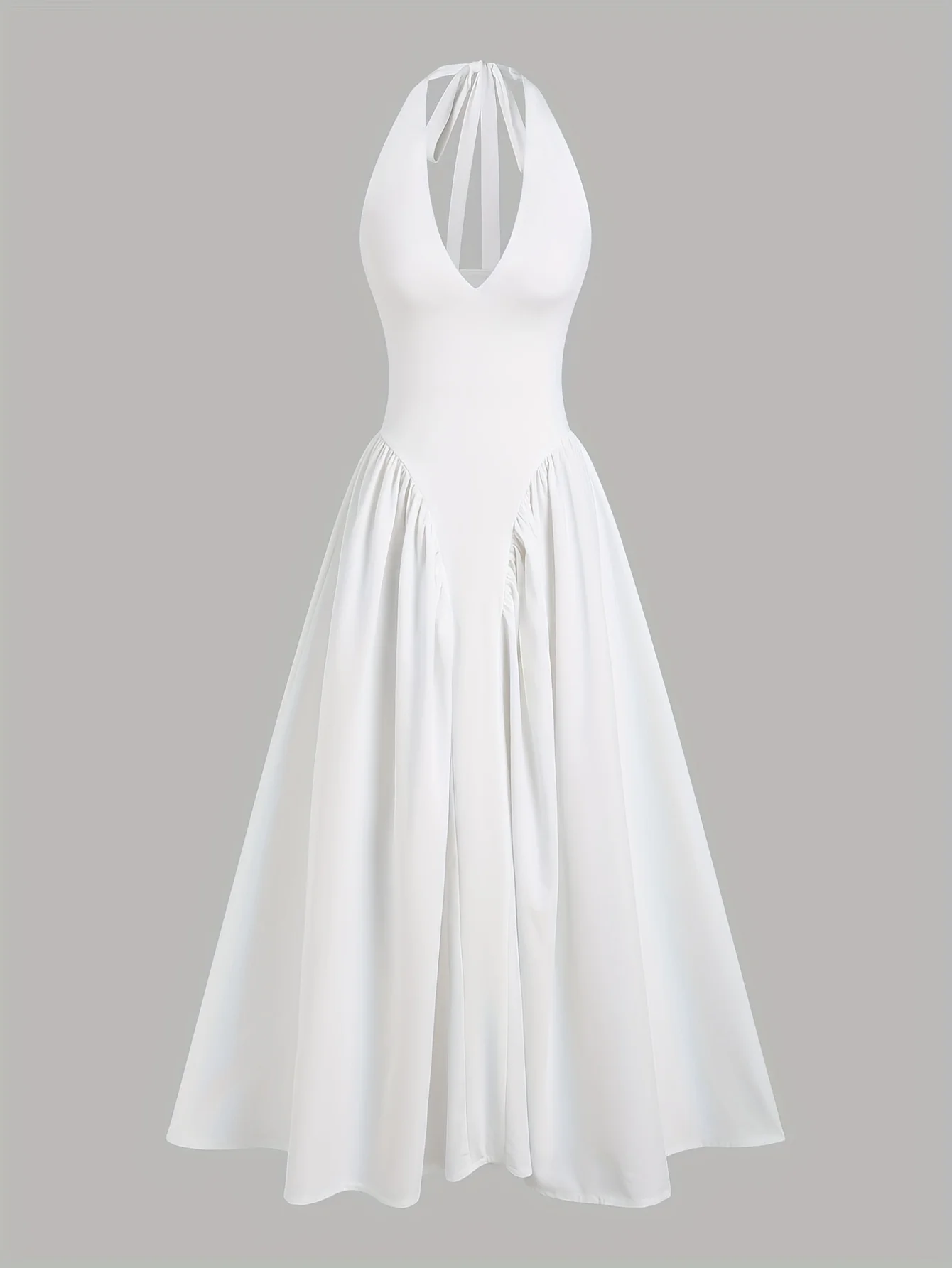 A new solid color sexy deep V cut-out halter-neck, and elegant wide-hem dress for ladies