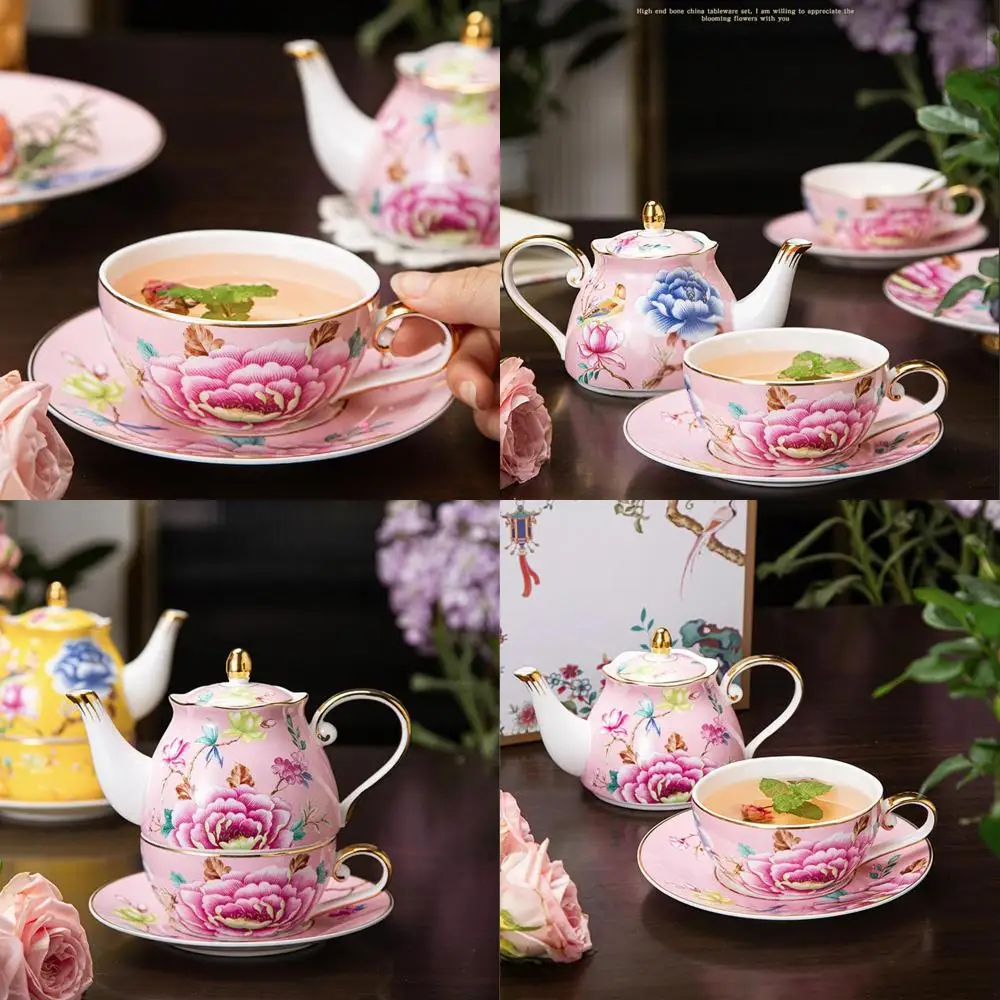 

Винтажный чайный сервиз из костяного фарфора с цветочным принтом для одного, розовый фарфоровый чайник и чашка, идеальный подарок для женщин