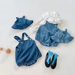 2024 Korean Spring Baby Girls 3PCS Clothes Set Denim Suspender Romper Sun Hat Solid Top Suit Optional Clothing For Newborn Girls