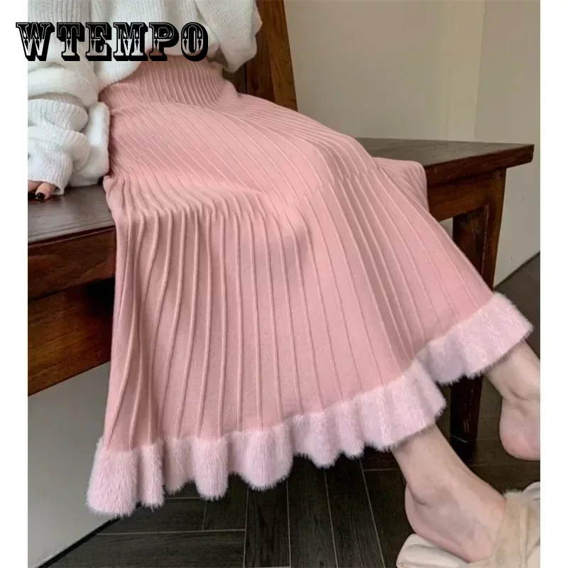 

WTEMPO High Elastic Waist Pink Skirt Women's Fall and Winter Pleated Skirt High Waisted A-line Girl Solid Color Swing Long Skirt