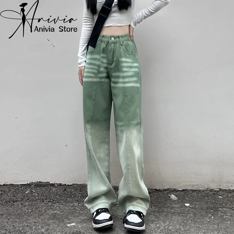 

American Retro Streetwear Jeans Loose Wide-leg Jeans Green Gradient Y2K Women Look Thin Trendy All-match Mopping Pants Women New