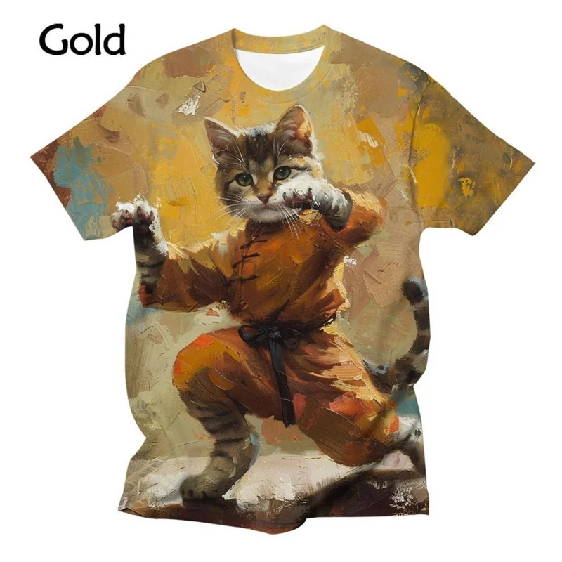 Cartoon Kung Fu Cat Pattern T-shirts Summer Fashion Short Sleeve Cute Animals 3D Printed T Shirts Casual Mens Street Loose Tees