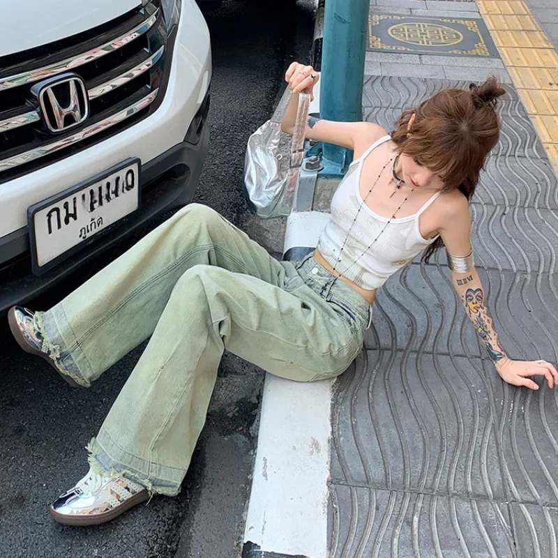

Джинсы женские летние с высокой талией свободные прямые широкие брюки с кисточками корейские модные уличные хипстерские повседневные крутые девушки эстетические
