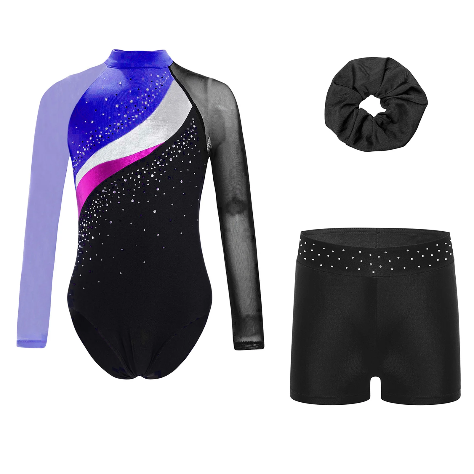 

Kids Shiny Patchwork Leotard for Gymnastics Ballet Performance Outfits Girls Shiny Lyrical Leotard with Shorts And Hair Band Set