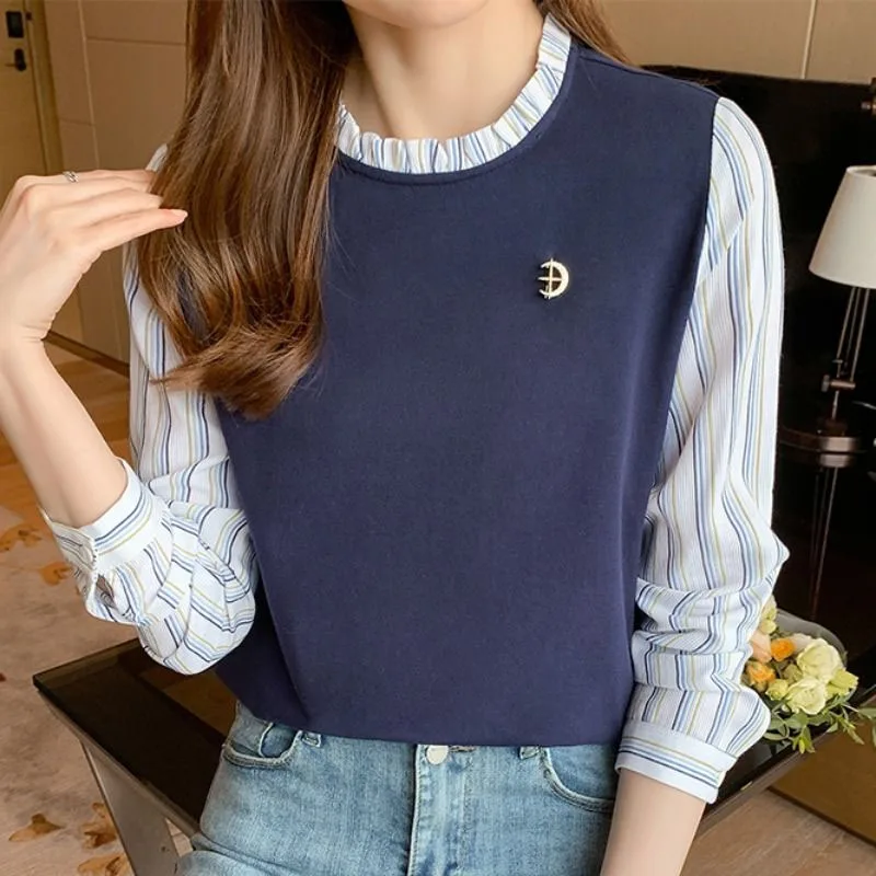 New Spring Fashion Trend French Splice Fake Two Piece Round Neck Loose Versatile Western Style Slim Women's Long Sleeve Sweater