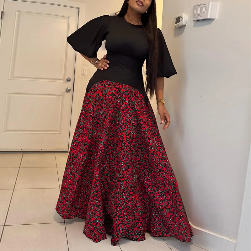 

New temperament round neck bubble sleeves high waist splicing printing long dress fashionable simple and versatile temperament e